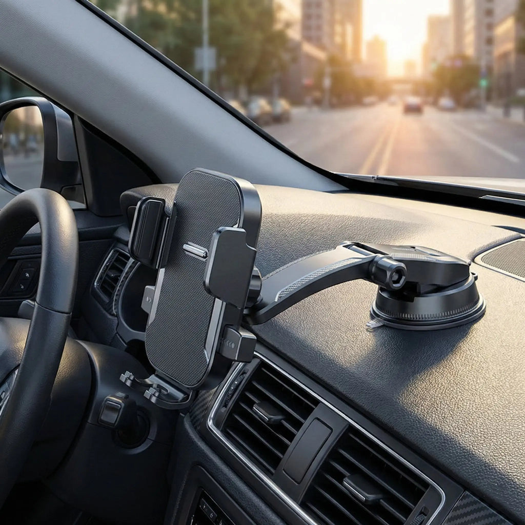 Anti-Shake Car Phone Mount - Retractable Long Arm, Strong Suction Cup, One-Click Clamping, Fits Windshield for Safe Navigation